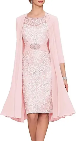 2 Pieces Mother of The Bride Dresses Tea Length Floral Lace Formal Long Evening Party Dress for Wedding Guest