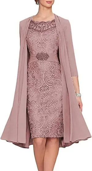 2 Pieces Mother of The Bride Dresses Tea Length Floral Lace Formal Long Evening Party Dress for Wedding Guest