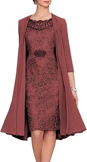 2 Pieces Mother of The Bride Dresses Tea Length Floral Lace Formal Long Evening Party Dress for Wedding Guest