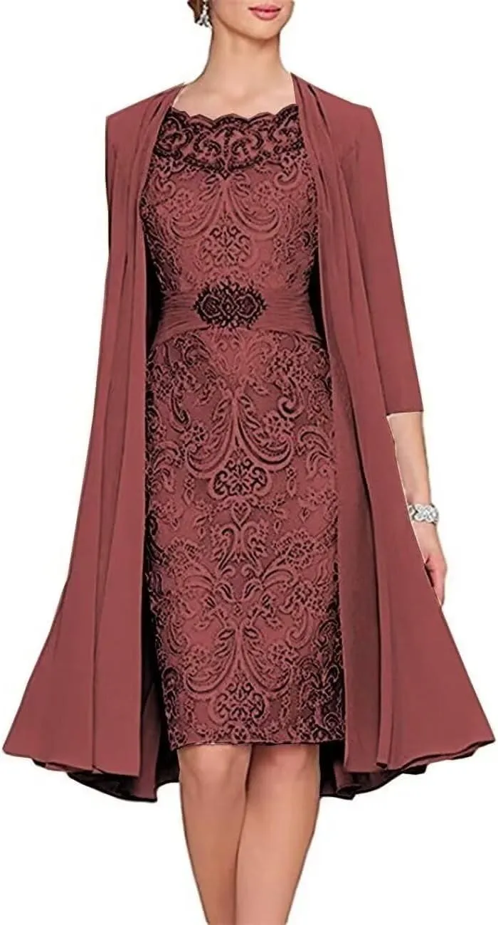 2 Pieces Mother of The Bride Dresses Tea Length Floral Lace Formal Long Evening Party Dress for Wedding Guest