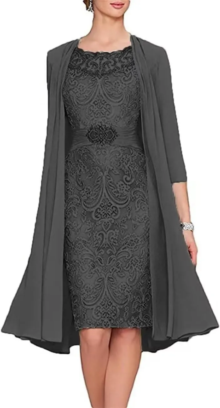 2 Pieces Mother of The Bride Dresses Tea Length Floral Lace Formal Long Evening Party Dress for Wedding Guest