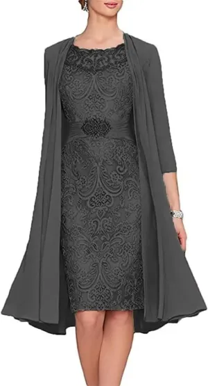 2 Pieces Mother of The Bride Dresses Tea Length Floral Lace Formal Long Evening Party Dress for Wedding Guest