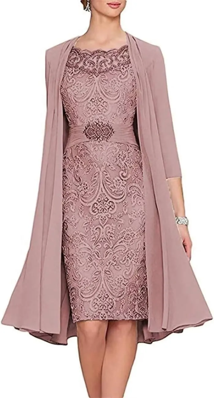 2 Pieces Mother of The Bride Dresses Tea Length Floral Lace Formal Long Evening Party Dress for Wedding Guest