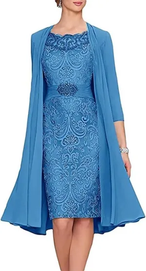 2 Pieces Mother of The Bride Dresses Tea Length Floral Lace Formal Long Evening Party Dress for Wedding Guest