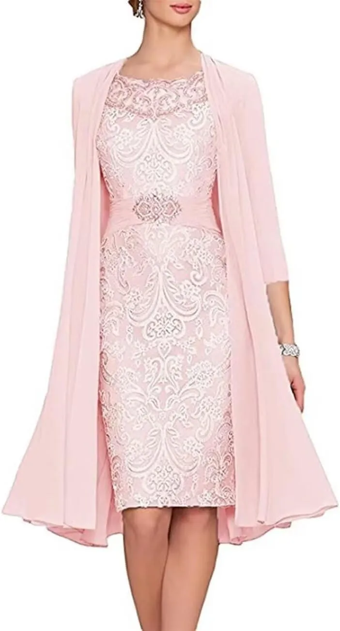 2 Pieces Mother of The Bride Dresses Tea Length Floral Lace Formal Long Evening Party Dress for Wedding Guest