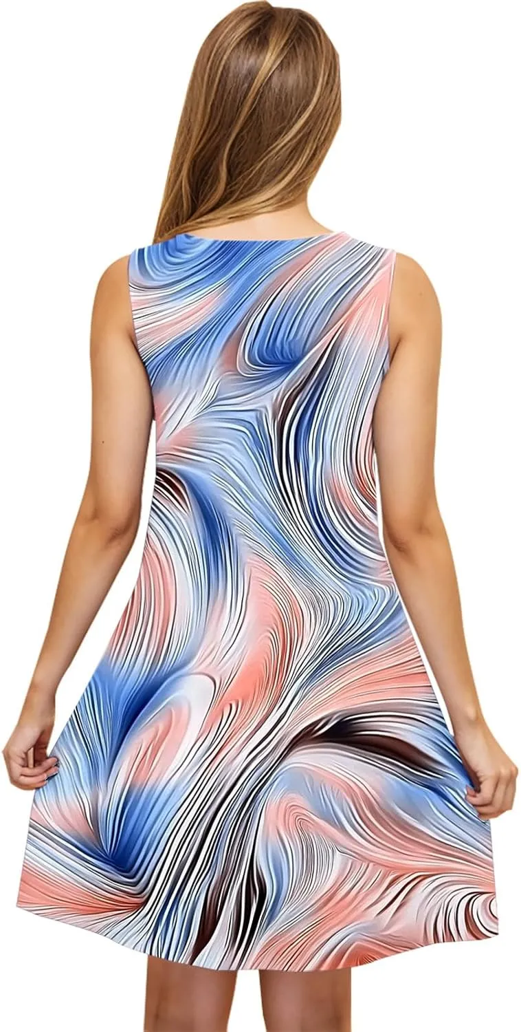 2025 Funny Print Swing Mini Dress for Women Beach Sleeveless Tank Sundresses Summer Scoop Neck T Shirt Tunic Dresses