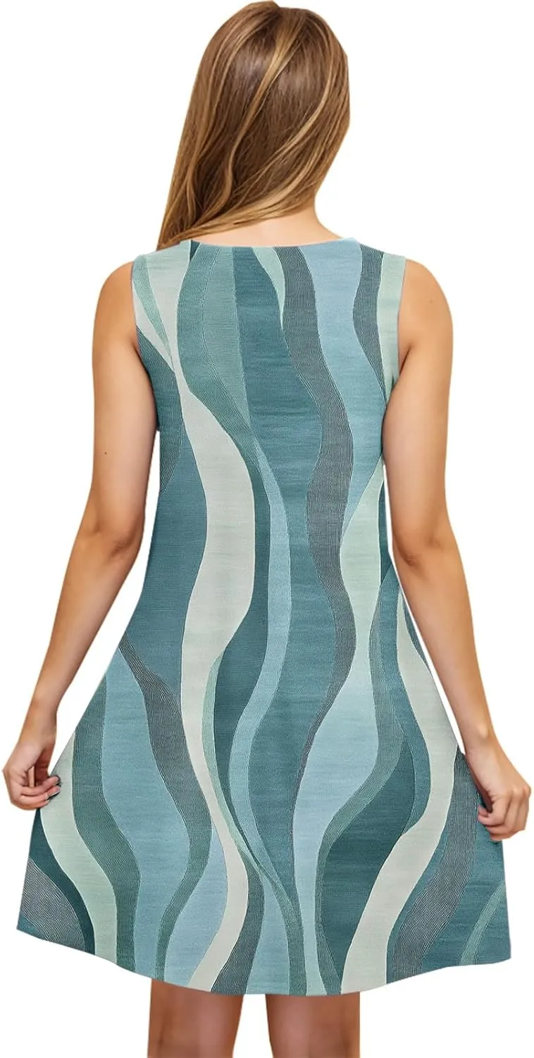 2025 Funny Print Swing Mini Dress for Women Beach Sleeveless Tank Sundresses Summer Scoop Neck T Shirt Tunic Dresses