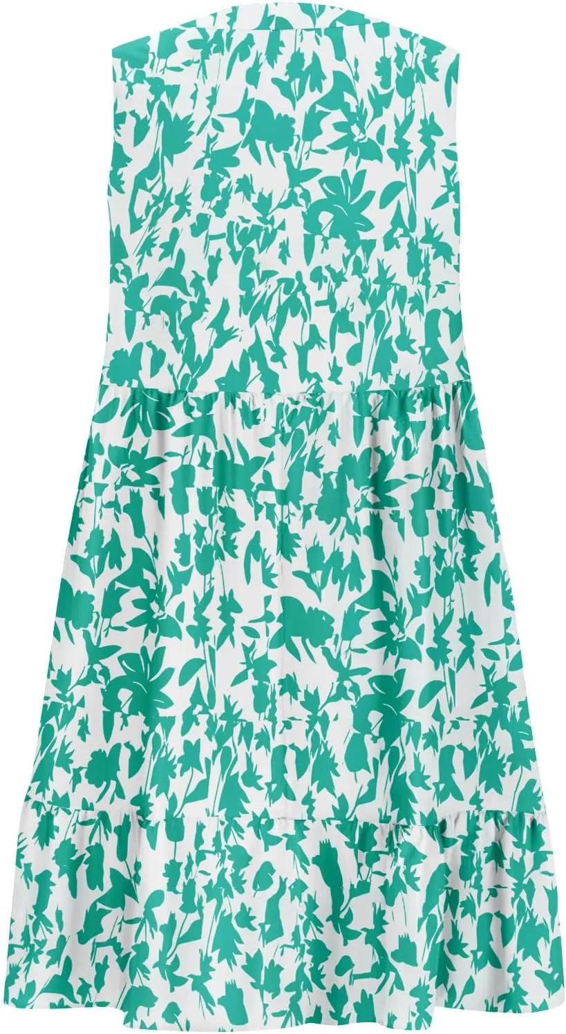 2025 Women's Summer Dresses Sleeveless Ruffle Sleeve V Neck Floral Loose Short Flowy Pleated Mini Babydoll Dress