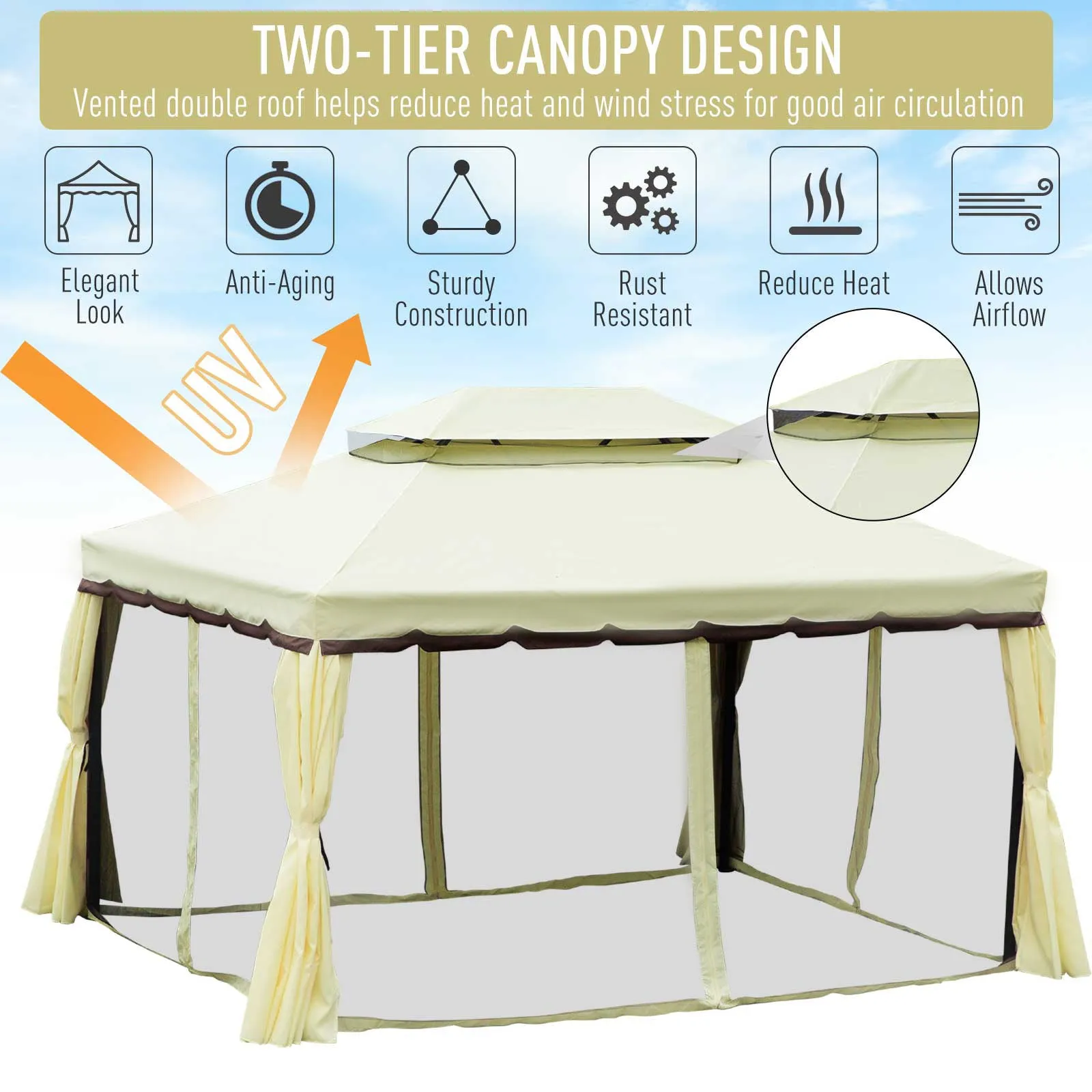 3 x 4 m Aluminium Metal Gazebo Marquee Canopy Pavilion Patio Garden Party Tent Shelter with Nets and Sidewalls - Cream White