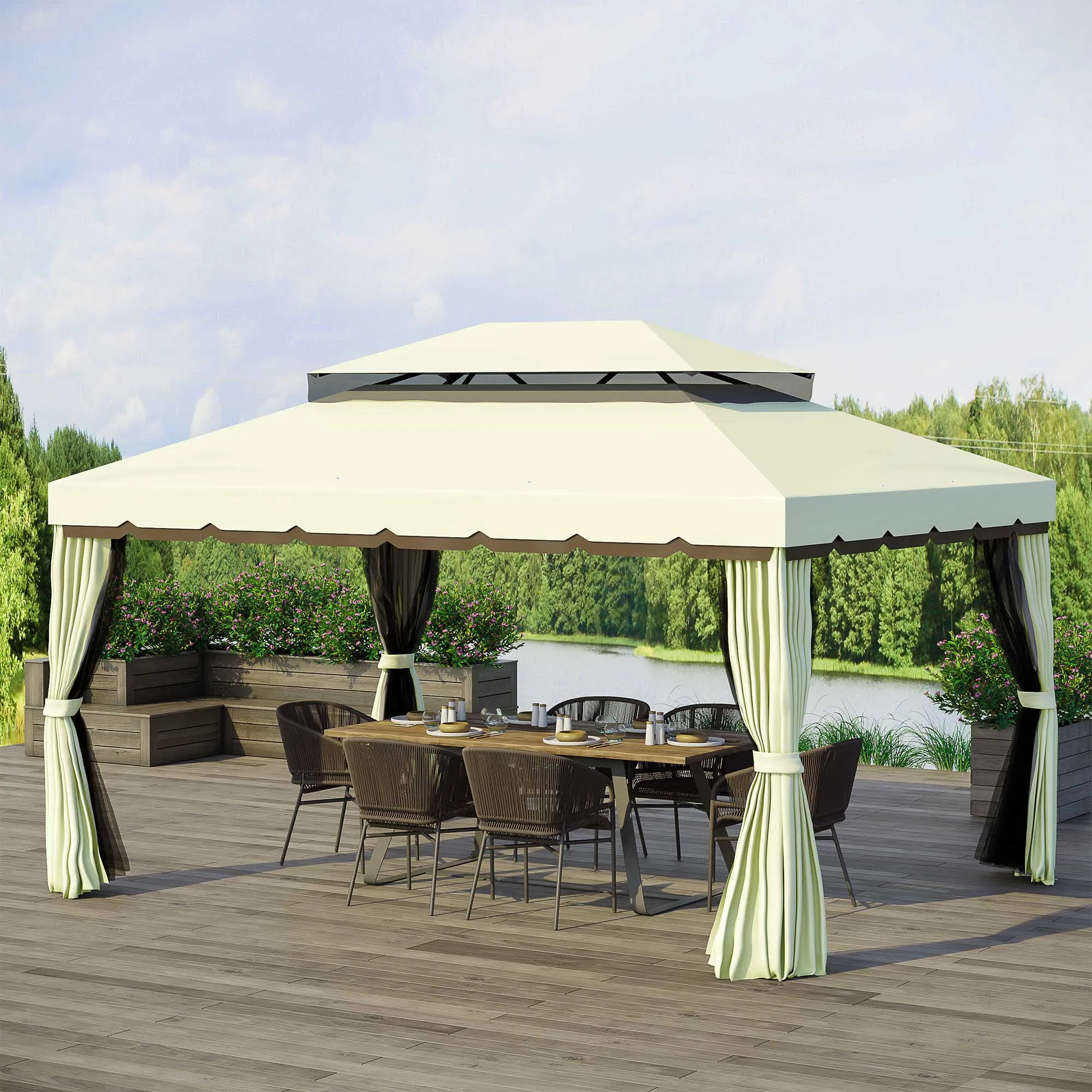 3 x 4 m Aluminium Metal Gazebo Marquee Canopy Pavilion Patio Garden Party Tent Shelter with Nets and Sidewalls - Cream White