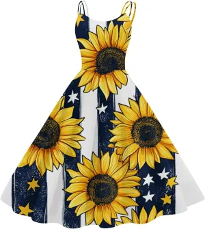 4th of July Dresses for Women Sleeveless Spaghetti Strap Patriotic Punk Dress A-Line Independence Day Midi Dress