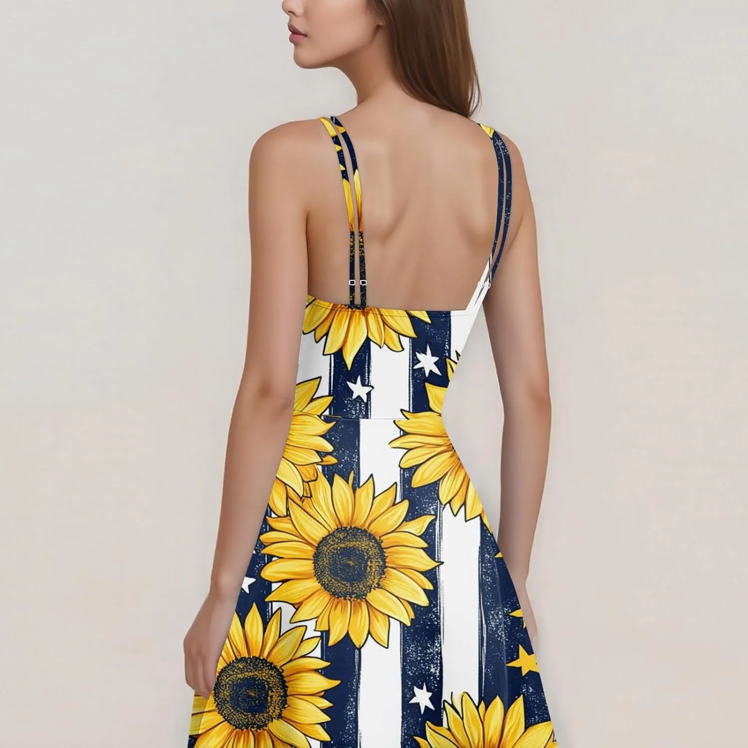 4th of July Dresses for Women Sleeveless Spaghetti Strap Patriotic Punk Dress A-Line Independence Day Midi Dress