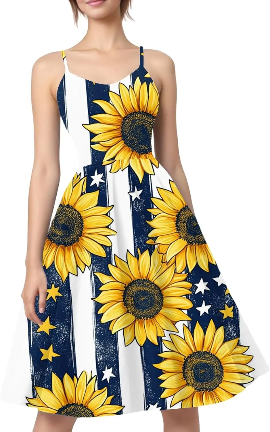 4th of July Dresses for Women Sleeveless Spaghetti Strap Patriotic Punk Dress A-Line Independence Day Midi Dress