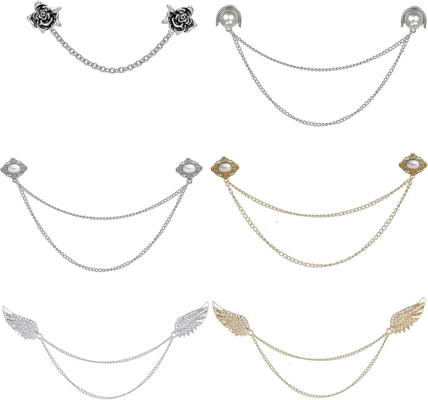 6 Pcs Antique Sweater Shawl Clip Chain Renaissance Style Rose Bowknot Brooch Flowers Wings Heart Cardigan Pin Gold sliver For Woman Men