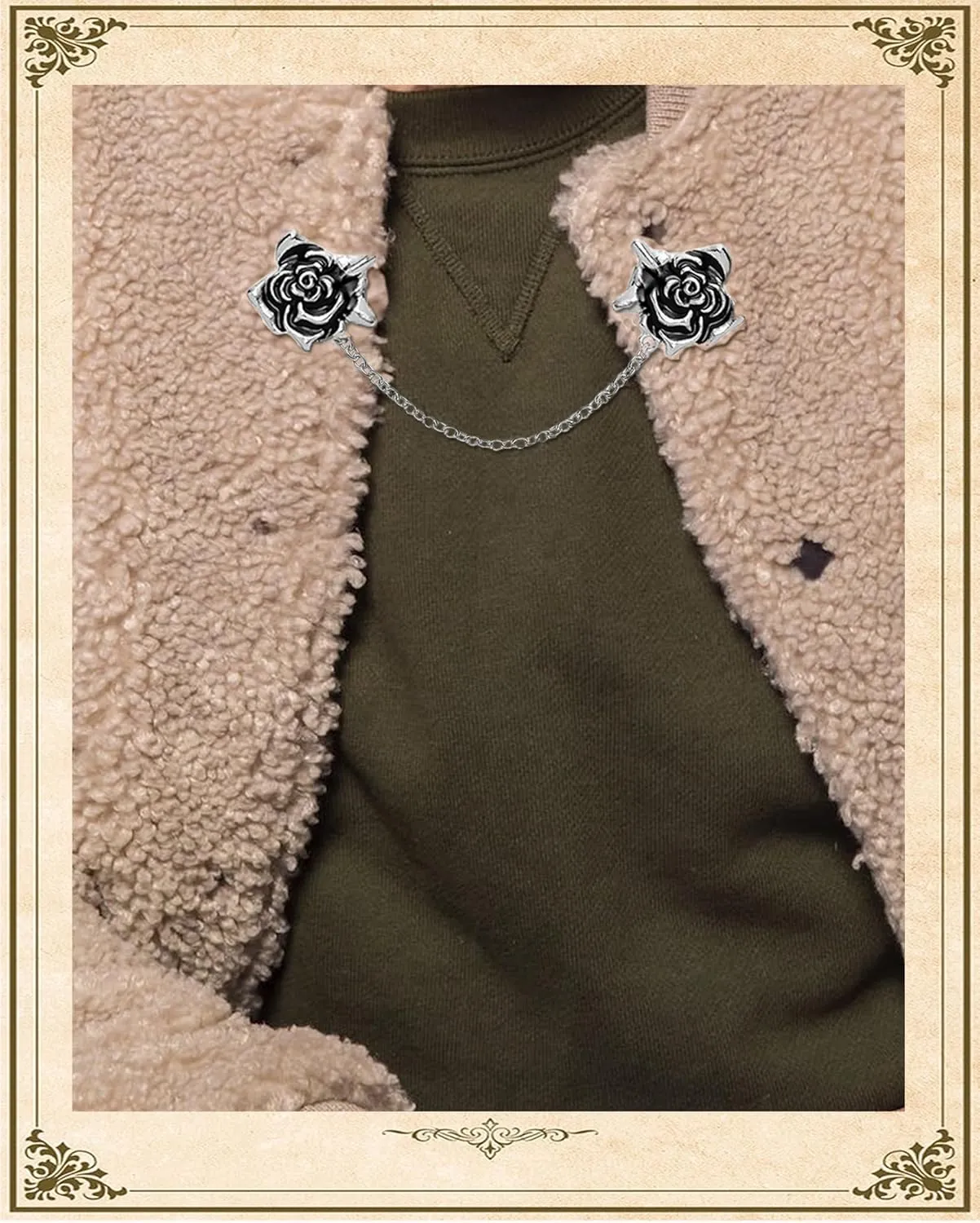 6 Pcs Antique Sweater Shawl Clip Chain Renaissance Style Rose Bowknot Brooch Flowers Wings Heart Cardigan Pin Gold sliver For Woman Men