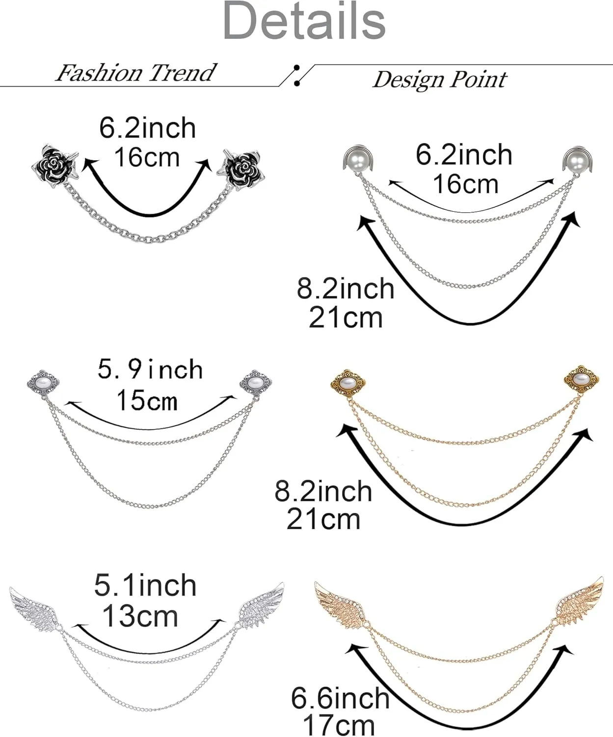 6 Pcs Antique Sweater Shawl Clip Chain Renaissance Style Rose Bowknot Brooch Flowers Wings Heart Cardigan Pin Gold sliver For Woman Men