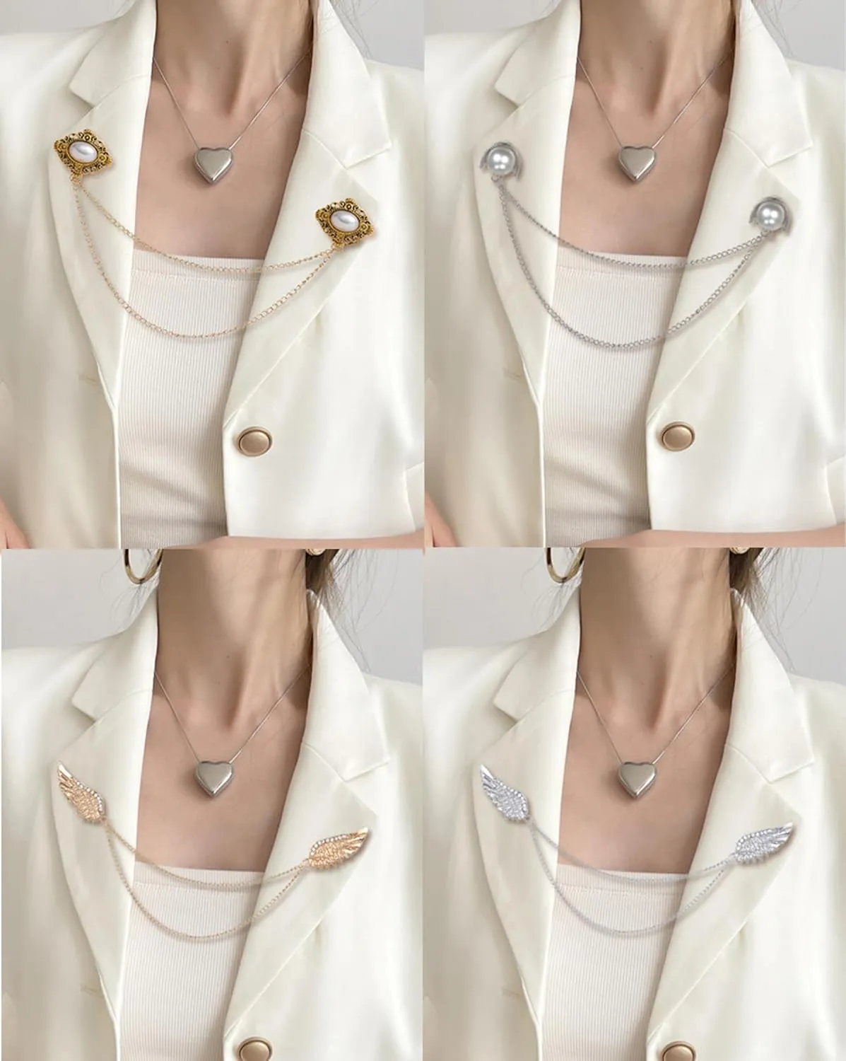 6 Pcs Antique Sweater Shawl Clip Chain Renaissance Style Rose Bowknot Brooch Flowers Wings Heart Cardigan Pin Gold sliver For Woman Men