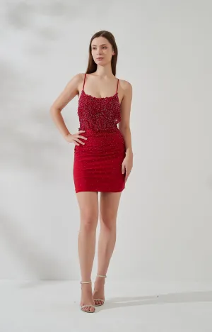 Adjustable Spaghetti Straps Embroidered Appliqued Backless Sheath Mini Dress