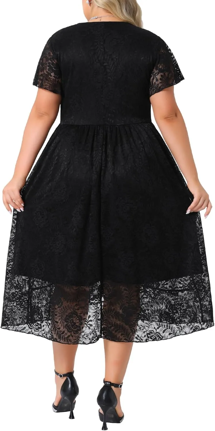 Agnes Orinda Womens Plus Size Lace Cocktail Dresses Faux Wrap V Neck Short Sleeve Flowy A Line Wedding Guest Midi Dress