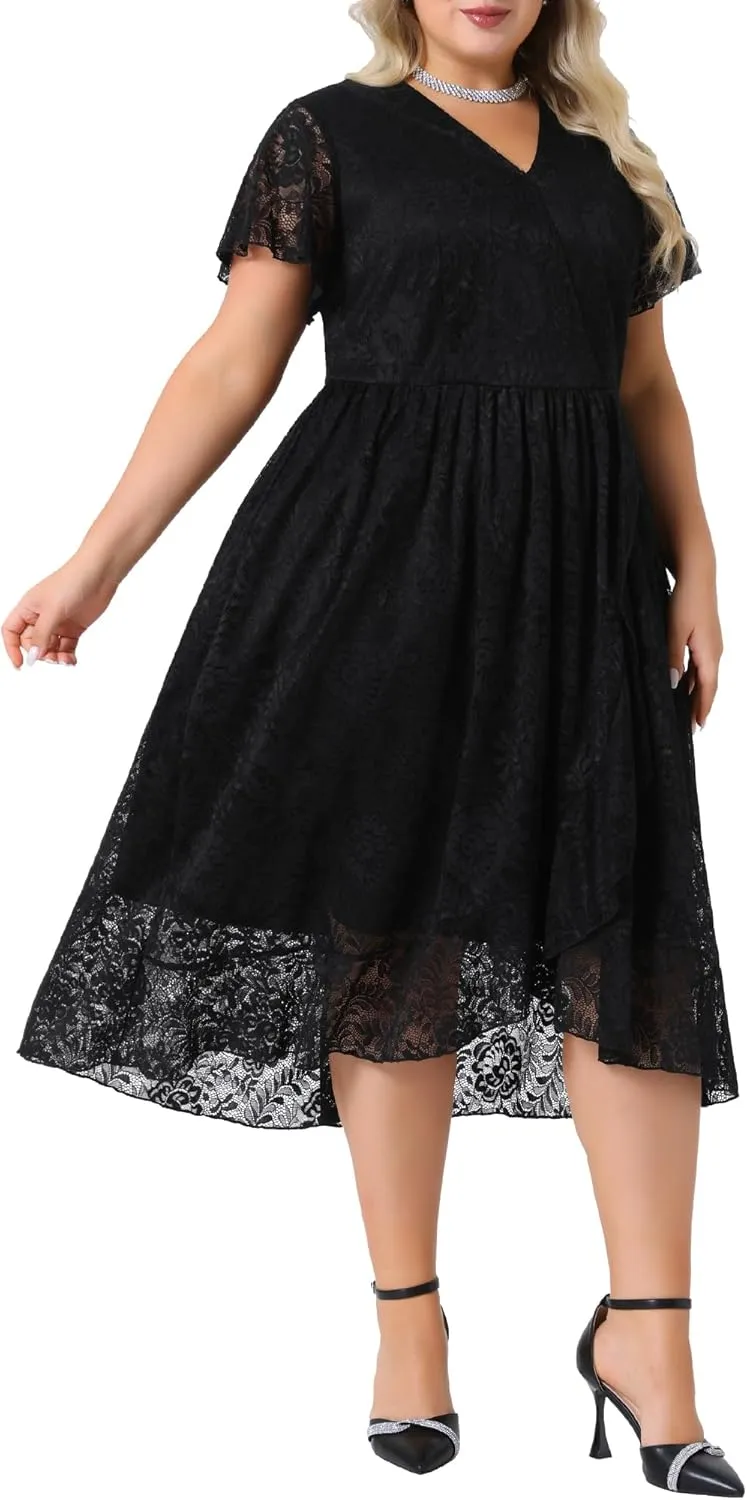 Agnes Orinda Womens Plus Size Lace Cocktail Dresses Faux Wrap V Neck Short Sleeve Flowy A Line Wedding Guest Midi Dress