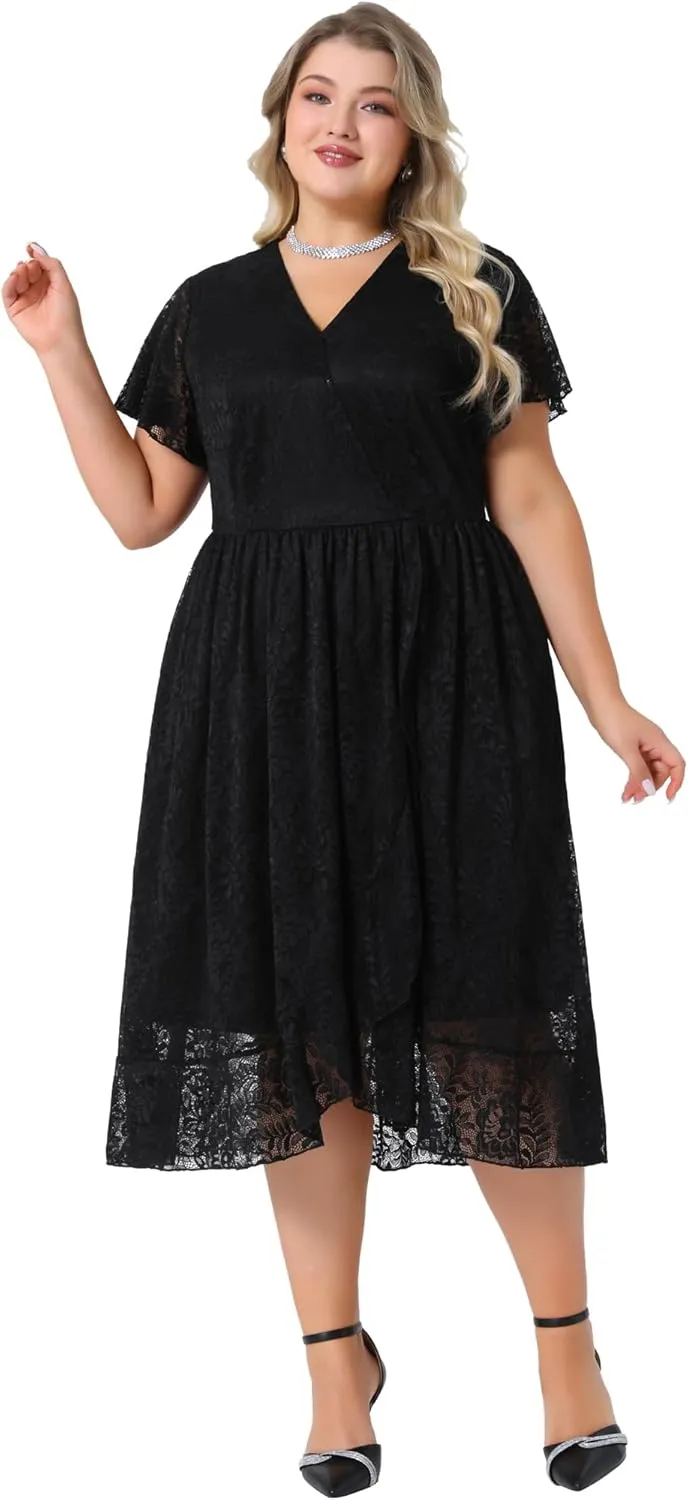 Agnes Orinda Womens Plus Size Lace Cocktail Dresses Faux Wrap V Neck Short Sleeve Flowy A Line Wedding Guest Midi Dress