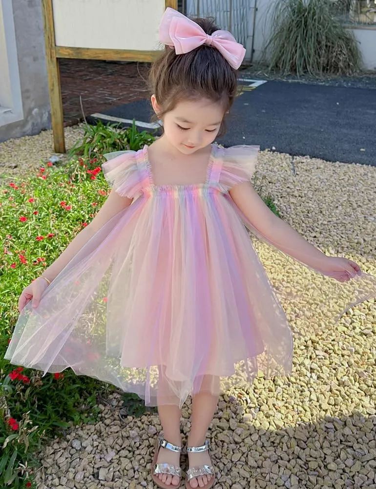 AGQT Baby Girls Tulle Tutu Dress Butterfly Print Back Sundress Size 6M-6T