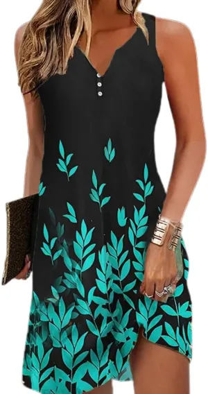 Akivide Womens Boho Floral Print Button V Neck Sundresses Summer Beach Vacation Sleeveless Tunic Dresses