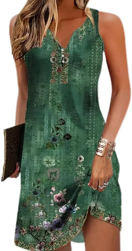 Akivide Womens Boho Floral Print Button V Neck Sundresses Summer Beach Vacation Sleeveless Tunic Dresses