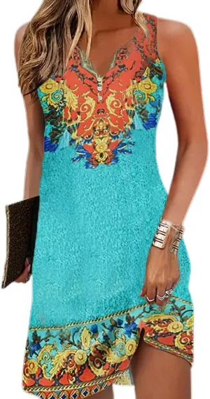 Akivide Womens Boho Floral Print Button V Neck Sundresses Summer Beach Vacation Sleeveless Tunic Dresses