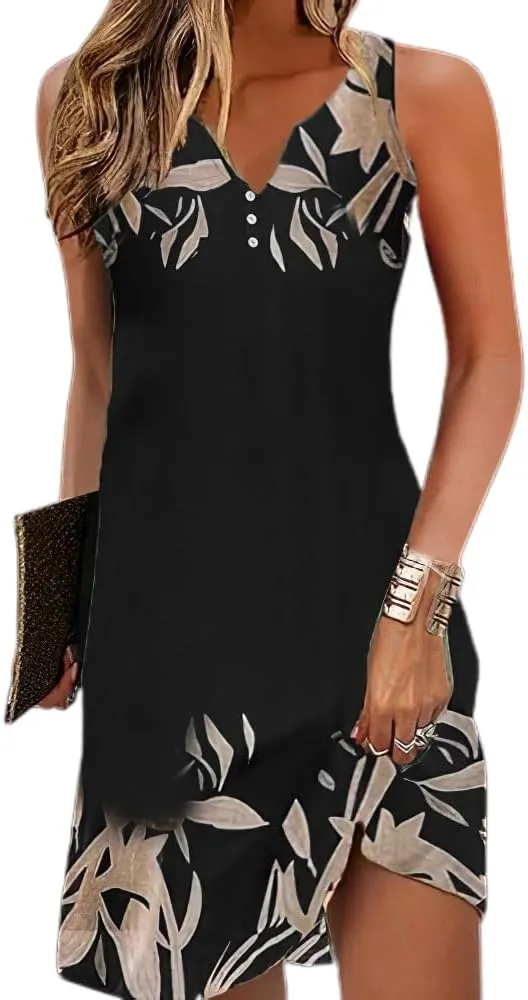 Akivide Womens Boho Floral Print Button V Neck Sundresses Summer Beach Vacation Sleeveless Tunic Dresses