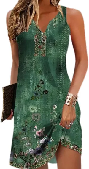 Akivide Womens Boho Floral Print Button V Neck Sundresses Summer Beach Vacation Sleeveless Tunic Dresses