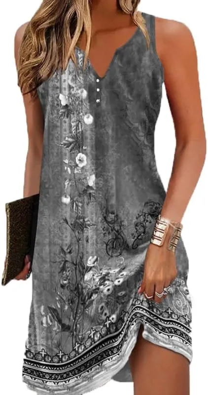 Akivide Womens Boho Floral Print Button V Neck Sundresses Summer Beach Vacation Sleeveless Tunic Dresses