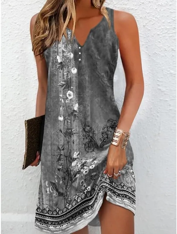 Akivide Womens Boho Floral Print Button V Neck Sundresses Summer Beach Vacation Sleeveless Tunic Dresses