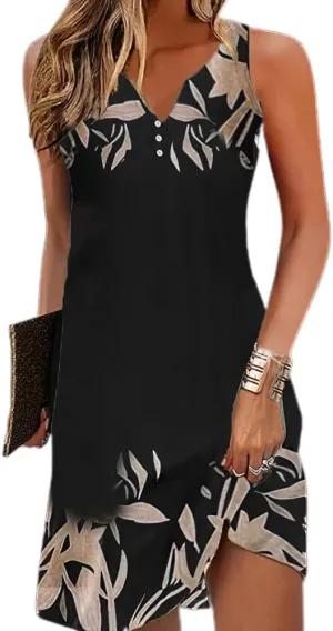 Akivide Womens Boho Floral Print Button V Neck Sundresses Summer Beach Vacation Sleeveless Tunic Dresses