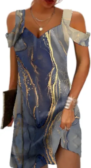 Akivide Womens Floral Boho Cold Shoulder Dress Summer Beach Vacation Casual Loose Knee Length Shift Tunic Dresses