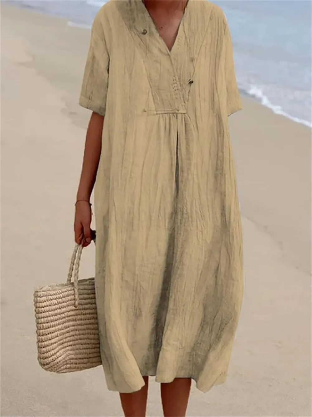 Akivide Women's Summer Cotton Linen Midi Dresses Casual Loose Short Sleeve V Neck Solid Beach Vacation Tshirt Dress