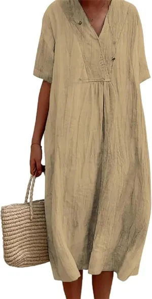 Akivide Women's Summer Cotton Linen Midi Dresses Casual Loose Short Sleeve V Neck Solid Beach Vacation Tshirt Dress