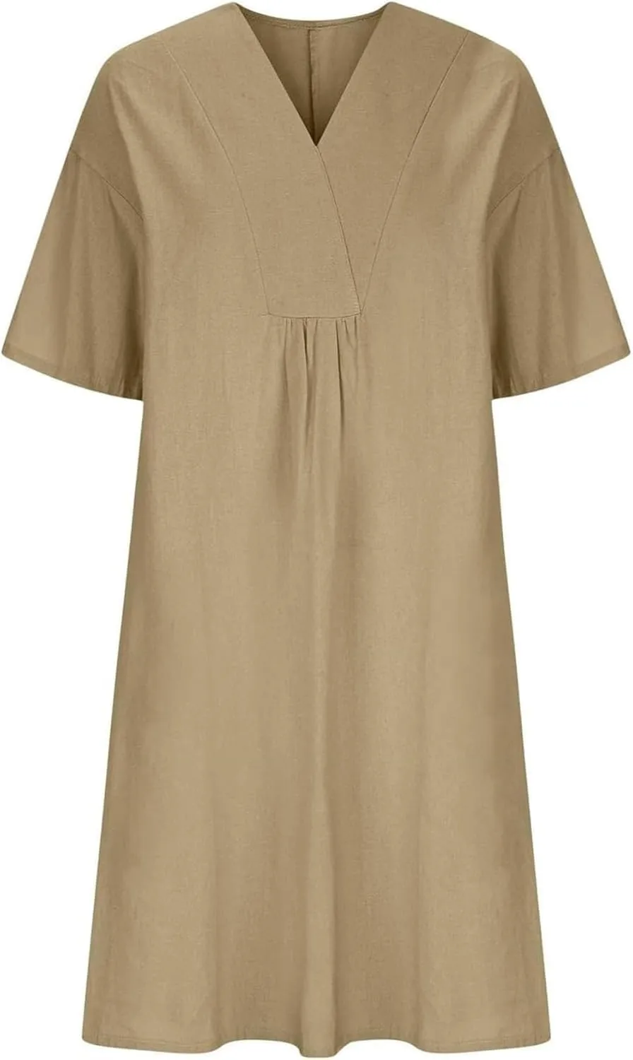 Akivide Women's Summer Cotton Linen Midi Dresses Casual Loose Short Sleeve V Neck Solid Beach Vacation Tshirt Dress
