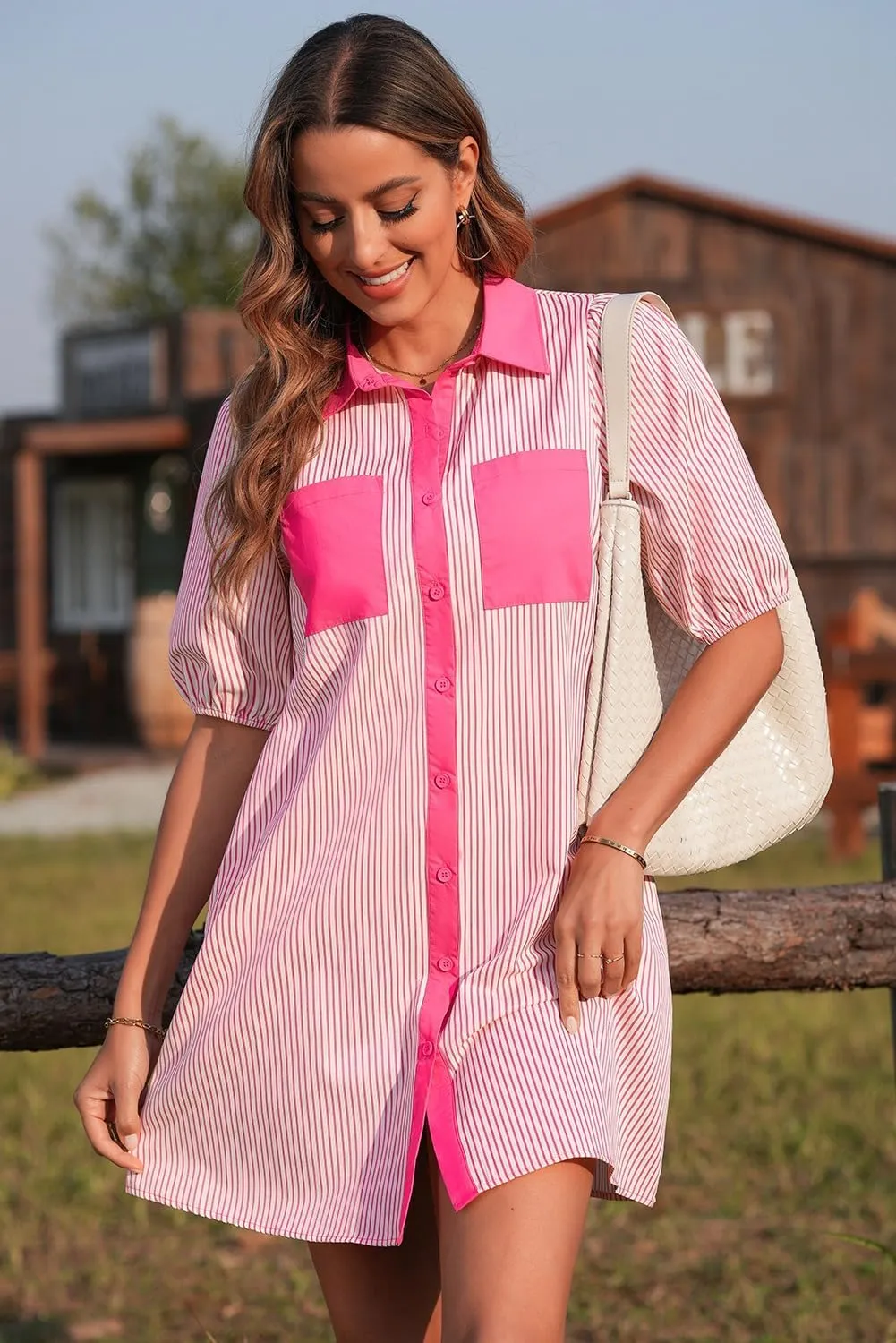 AlvaQ Women Dress Summer 2025 Casual V Neck Short Sleeve Button Down Striped Tunic Dresses with Pockets
