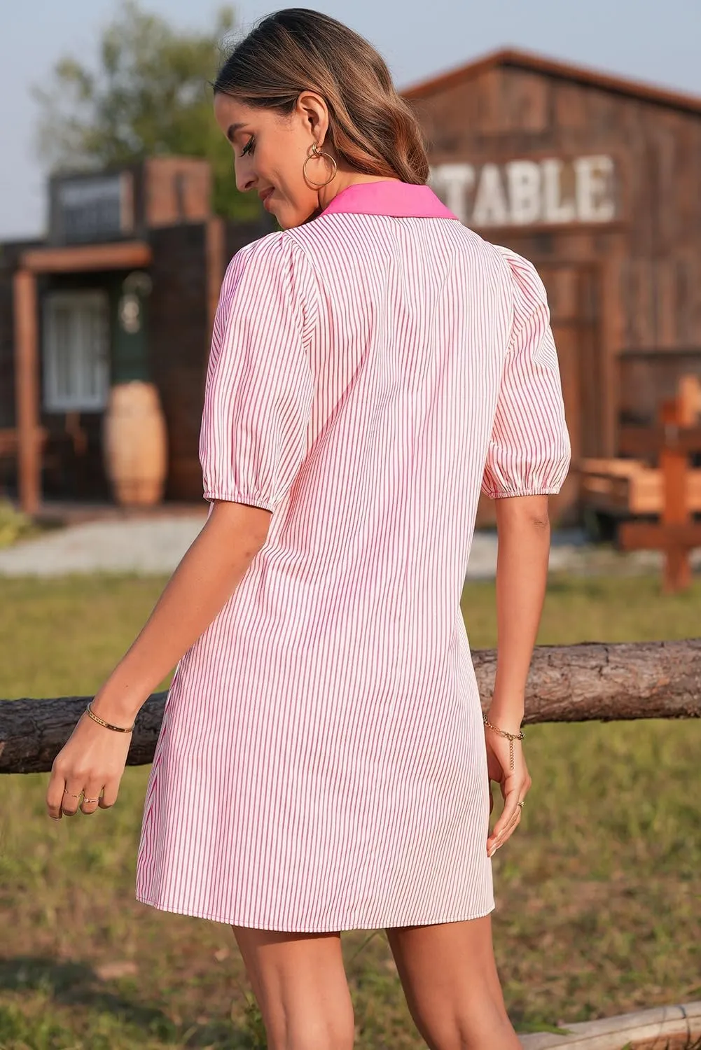 AlvaQ Women Dress Summer 2025 Casual V Neck Short Sleeve Button Down Striped Tunic Dresses with Pockets