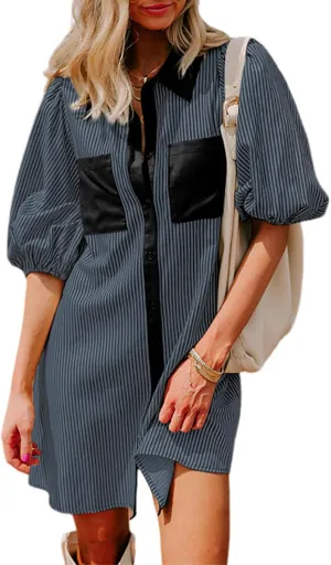 AlvaQ Women Dress Summer 2025 Casual V Neck Short Sleeve Button Down Striped Tunic Dresses with Pockets