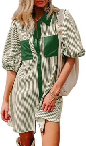 AlvaQ Women Dress Summer 2025 Casual V Neck Short Sleeve Button Down Striped Tunic Dresses with Pockets