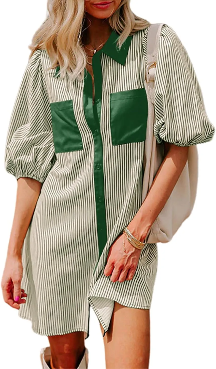 AlvaQ Women Dress Summer 2025 Casual V Neck Short Sleeve Button Down Striped Tunic Dresses with Pockets