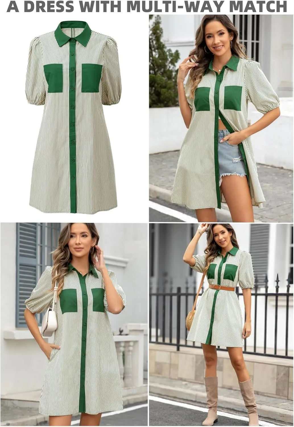 AlvaQ Women Dress Summer 2025 Casual V Neck Short Sleeve Button Down Striped Tunic Dresses with Pockets
