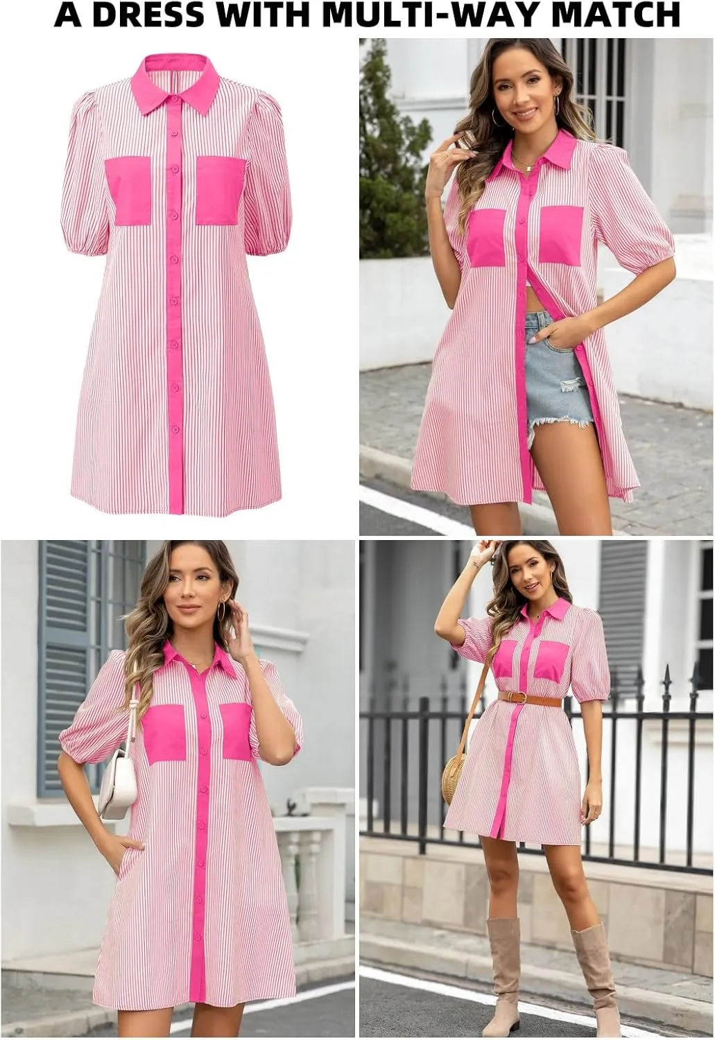 AlvaQ Women Dress Summer 2025 Casual V Neck Short Sleeve Button Down Striped Tunic Dresses with Pockets