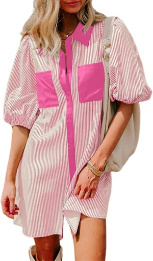 AlvaQ Women Dress Summer 2025 Casual V Neck Short Sleeve Button Down Striped Tunic Dresses with Pockets