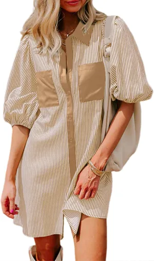 AlvaQ Women Dress Summer 2025 Casual V Neck Short Sleeve Button Down Striped Tunic Dresses with Pockets