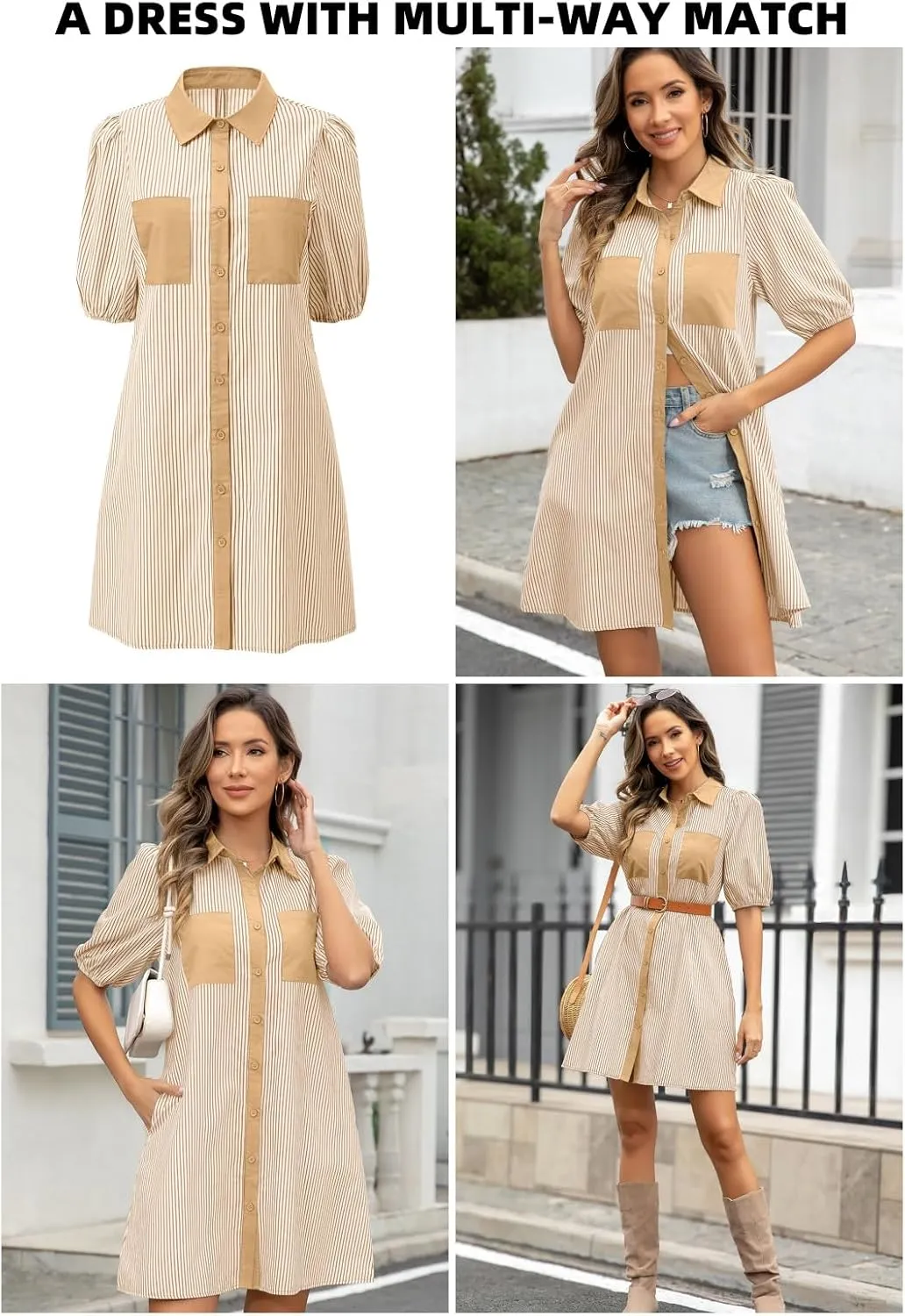 AlvaQ Women Dress Summer 2025 Casual V Neck Short Sleeve Button Down Striped Tunic Dresses with Pockets