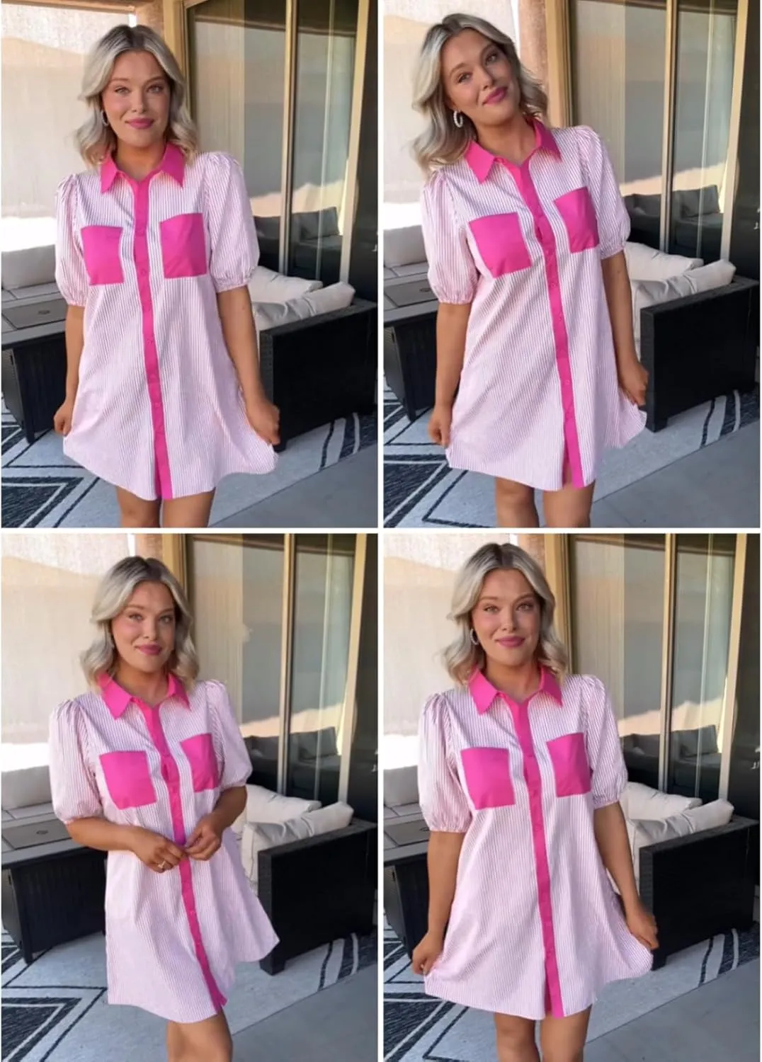 AlvaQ Women Dress Summer 2025 Casual V Neck Short Sleeve Button Down Striped Tunic Dresses with Pockets