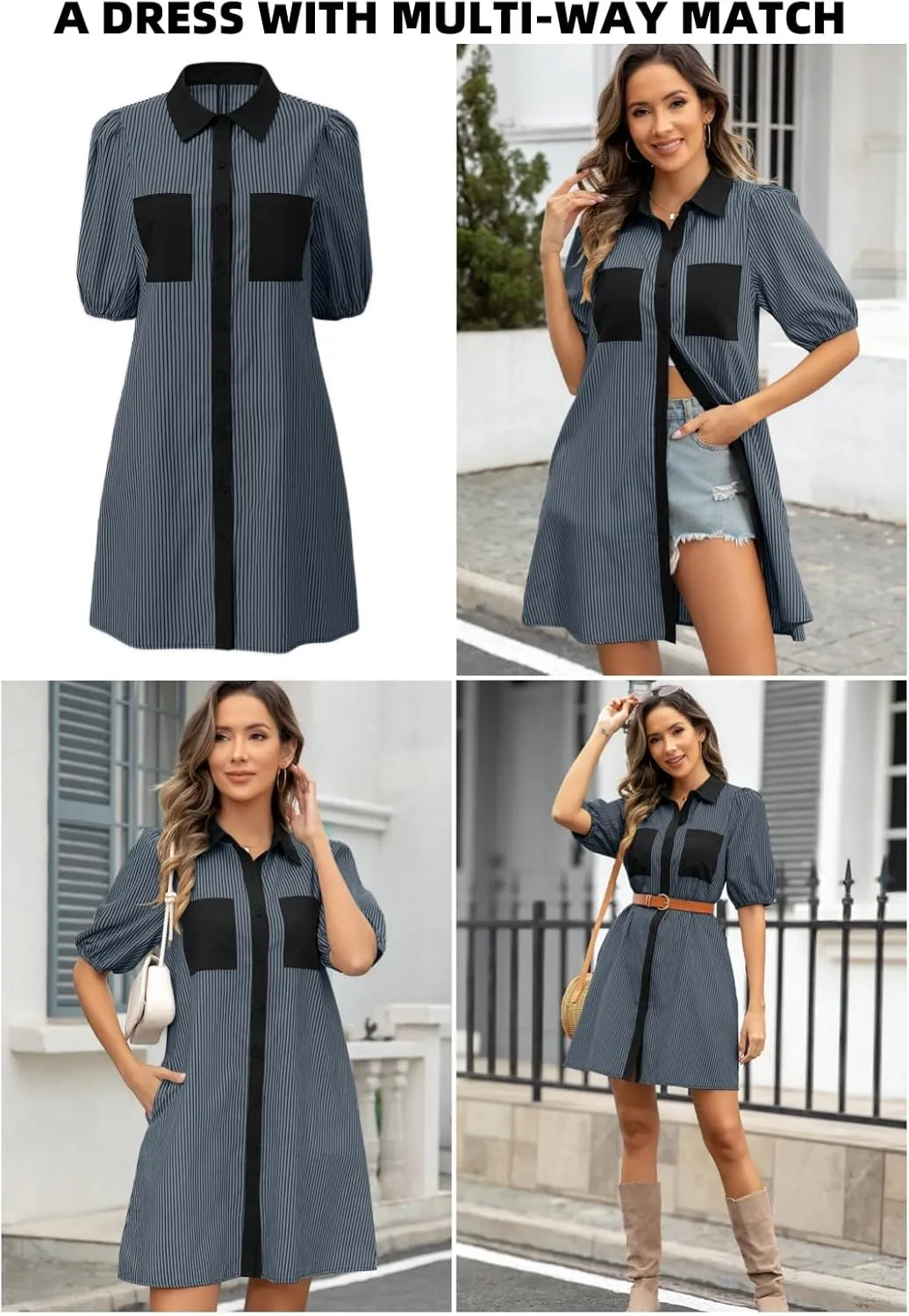 AlvaQ Women Dress Summer 2025 Casual V Neck Short Sleeve Button Down Striped Tunic Dresses with Pockets